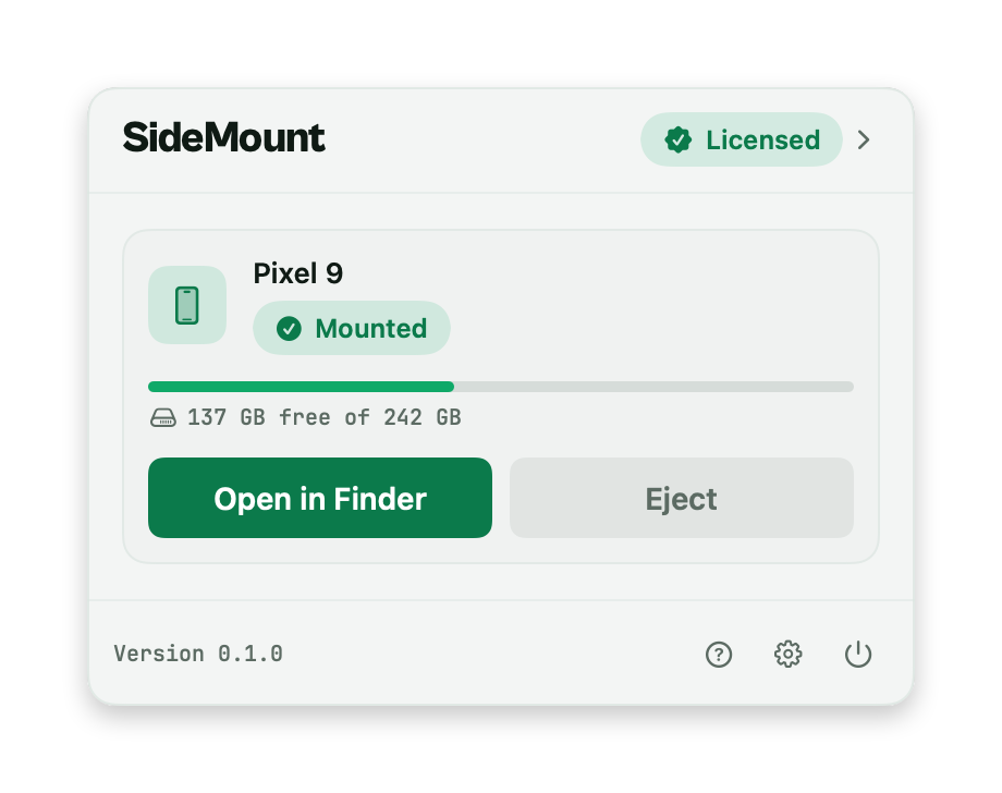 The SideMount panel under the menu bar, showing a Pixel 9 mounted over the cable with 137 GB free of 242 GB, and the Open in Finder and Eject buttons.