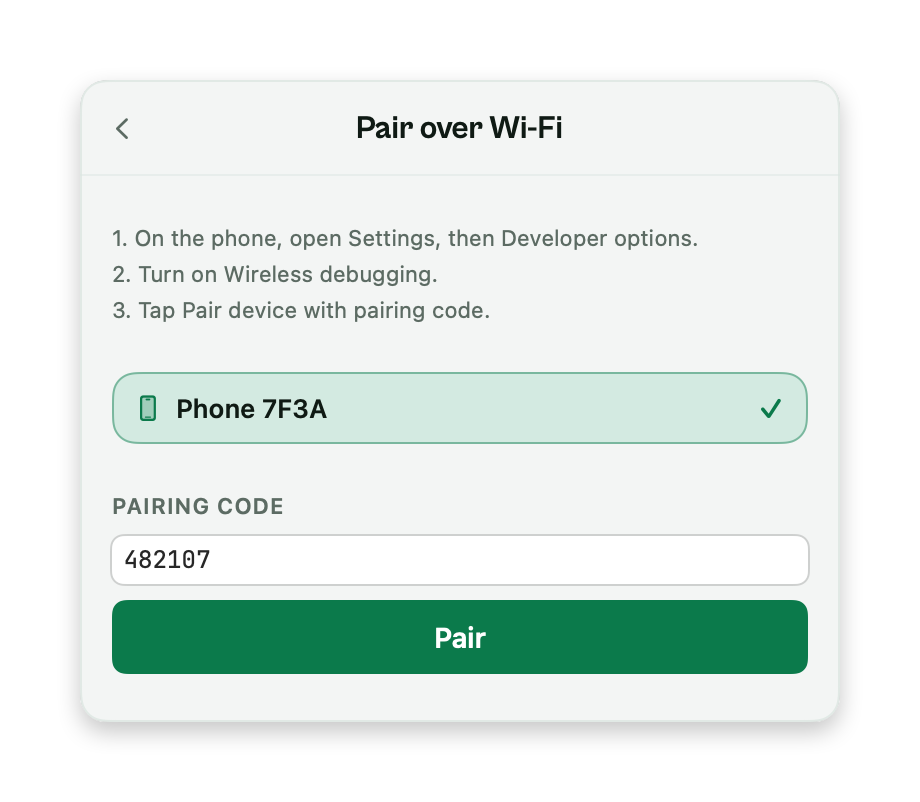 The Pair over Wi-Fi page in the SideMount panel: three steps to follow on the phone, the phone offering to pair, and its six digit pairing code typed in.