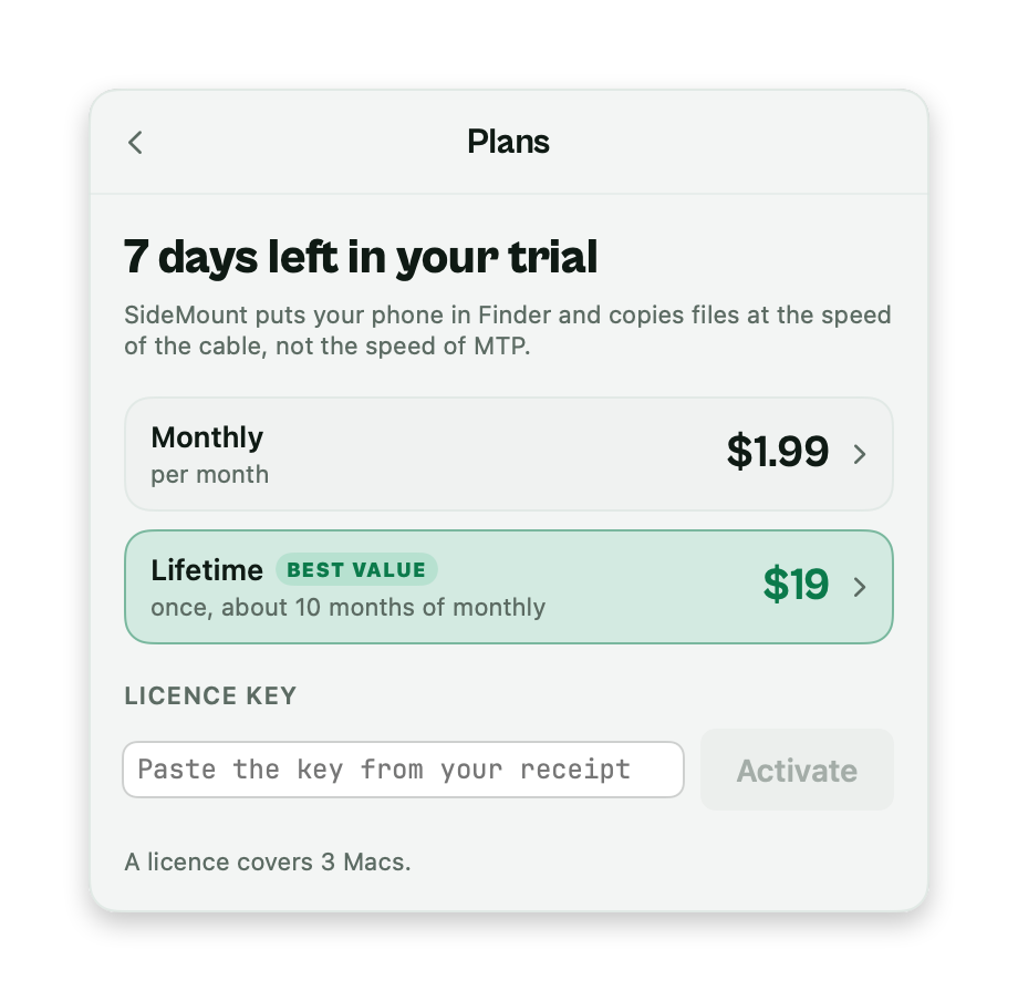 The Plans page in the SideMount panel: seven days left in the trial, Monthly at 1.99 dollars, Lifetime at 19 dollars marked best value, and a field for the licence key.