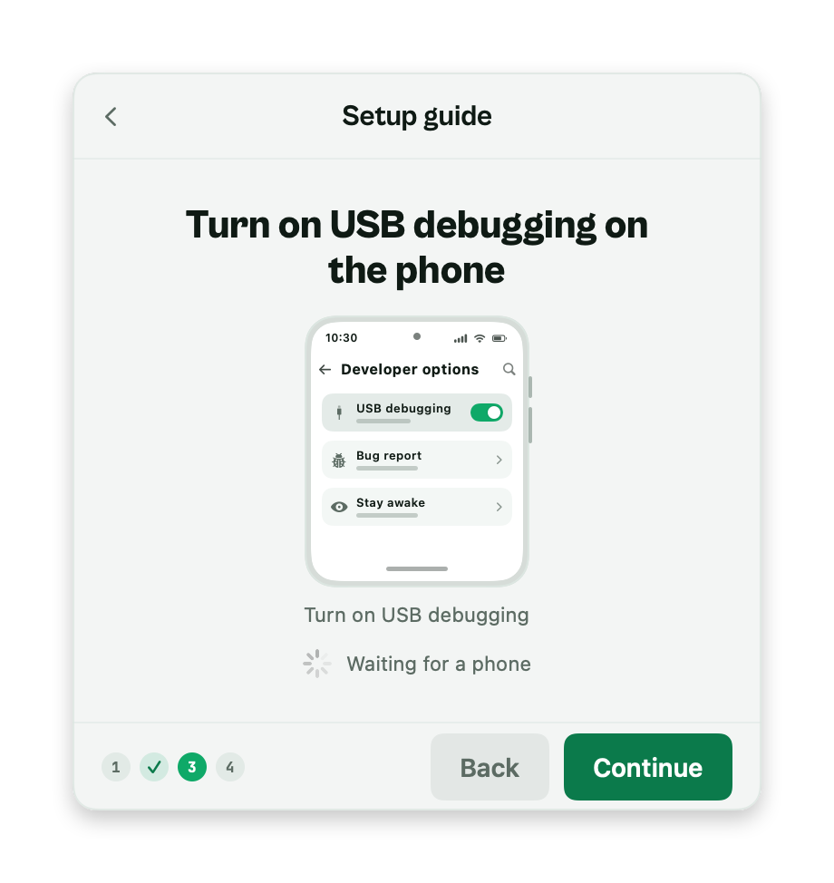 The setup guide in the SideMount panel, on the step Turn on USB debugging on the phone, with a small animated phone showing the Developer options switch.